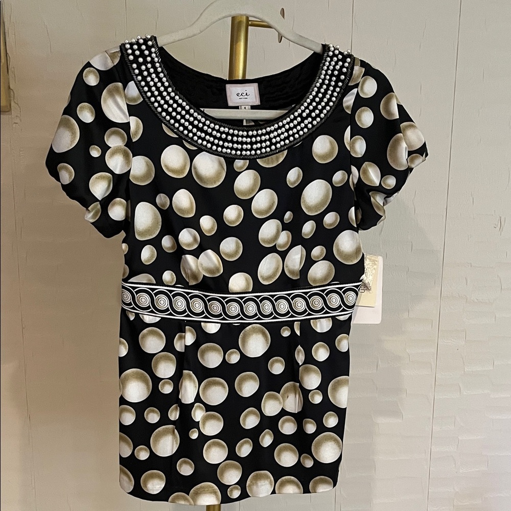 ECI Black and Gold Bubble Print Top with Beaded Collar